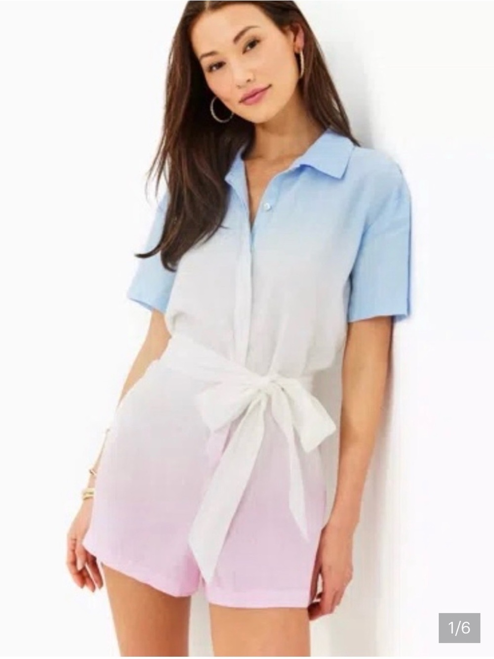 Lilly Pulitzer Dresher Tie-Waist Romper in Sky Blue to Pink